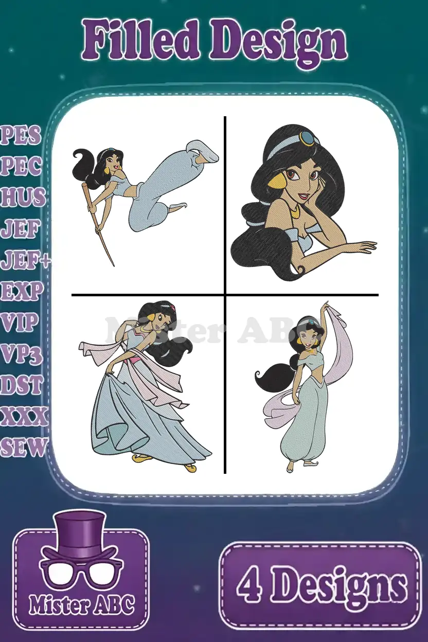 A collage of four vibrant filled embroidery designs of Princess Jasmine in various poses, showcasing stitch quality.