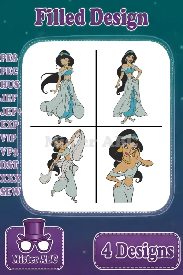 Four vibrant Princess Jasmine filled embroidery designs, showcasing various dynamic poses for creative crafting projects.