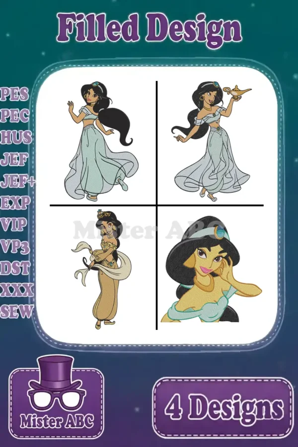 A vibrant compilation of four distinct Princess Jasmine filled embroidery designs, ready to bring Arabian Nights charm.