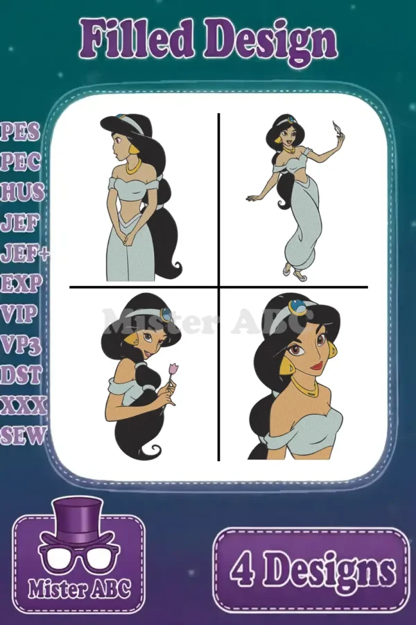 This visual showcases four distinct Princess Jasmine filled embroidery designs, highlighting various poses and available file formats for crafters.