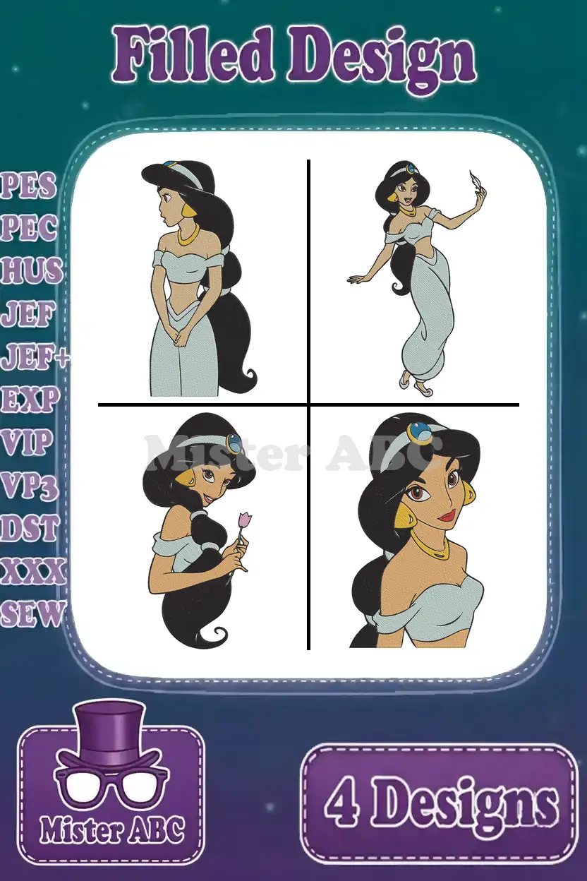 This visual showcases four distinct Princess Jasmine filled embroidery designs, highlighting various poses and available file formats for crafters.