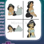 Aladdin Princess Jasmine Reclining And Sitting Poses In Classic Blue Palace Attire - Filled Embroidery Design - Instant Download