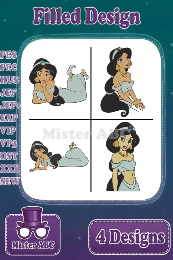 A vibrant collection of four Princess Jasmine filled embroidery designs, perfect for diverse crafting projects. All popular machine formats supported.