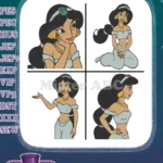 Aladdin Princess Jasmine Expressive Gestures And Side Profile Poses In Blue Gown - Filled Embroidery Design - Instant Download