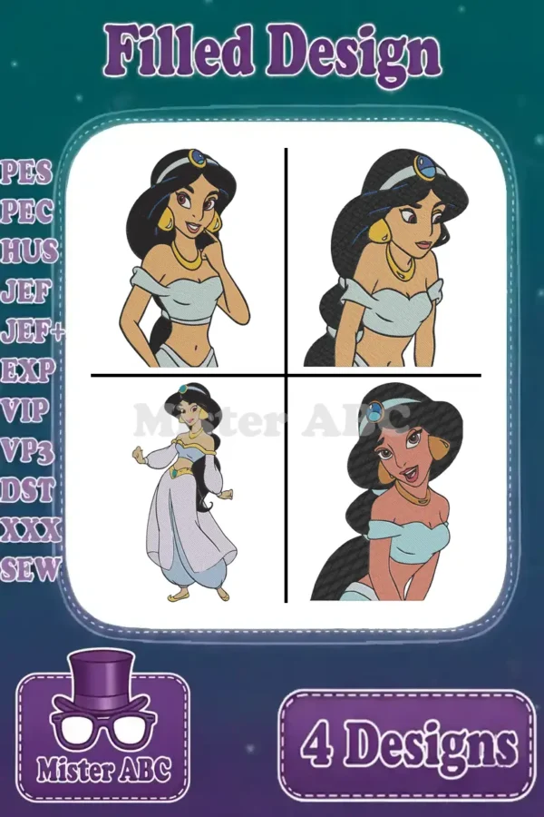 A vibrant collage showcasing four distinct filled embroidery designs of Princess Jasmine, ready for your creative projects.