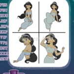 Aladdin Princess Jasmine Dynamic And Contemplative Poses In Signature Blue Dress - Filled Embroidery Design - Instant Download