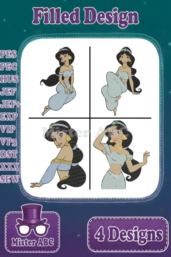 Main product image displaying four distinct filled embroidery designs of Princess Jasmine in various elegant poses.