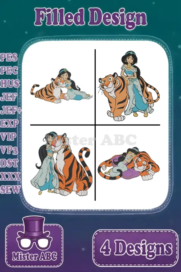 Four vibrant, filled embroidery designs featuring Princess Jasmine and Rajah in various adorable poses, ready for stitching.