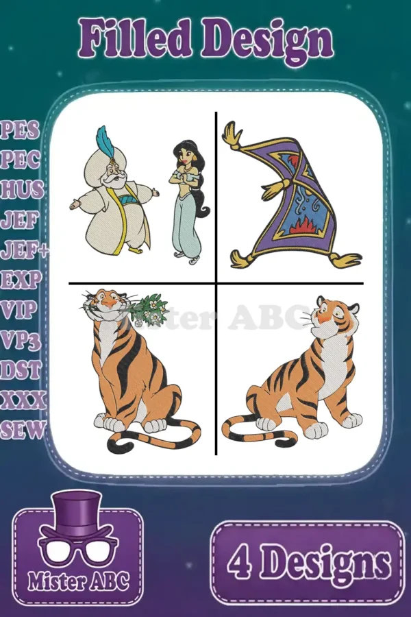 Main product image displaying four vibrant, filled embroidery designs: Jasmine, Sultan, Magic Carpet, and two Rajah poses.