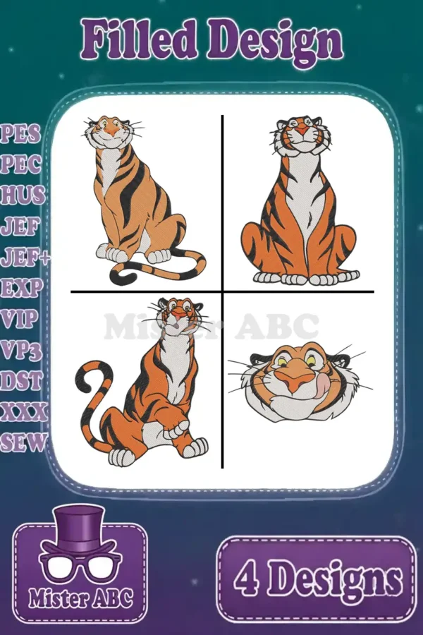 Four vibrant filled embroidery designs of Shere Khan, the majestic tiger, in various poses ready for crafting.