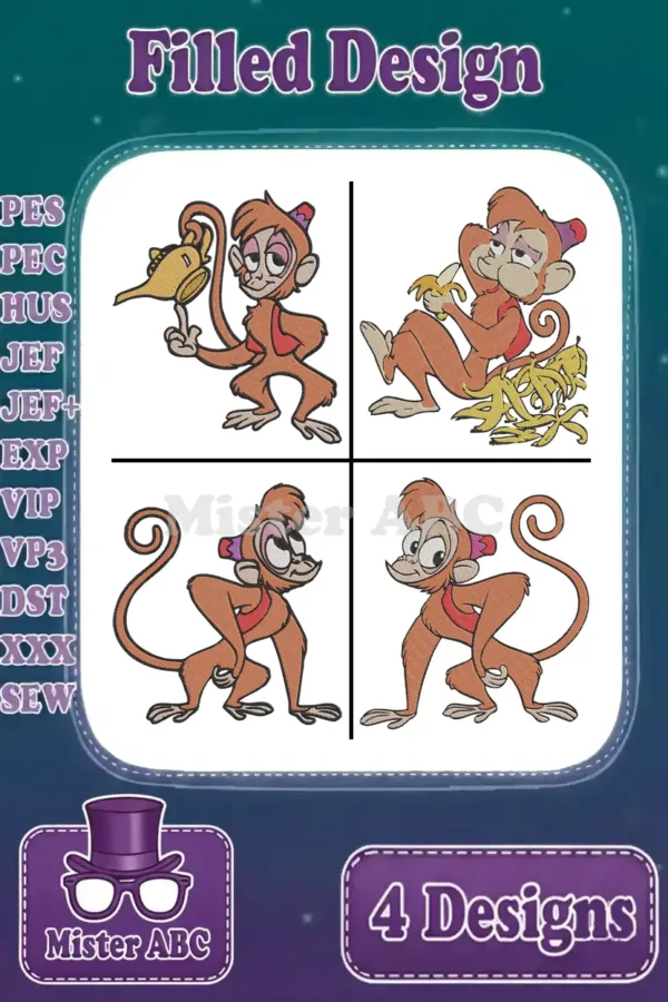 Four vibrant filled embroidery designs of Abu from Disney's Aladdin, featuring him with a lamp, bananas, and standing poses. Ideal for fans.
