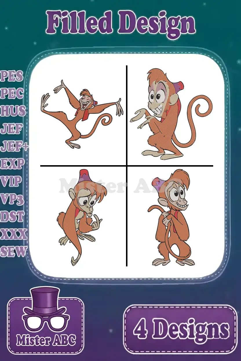 A vibrant main image featuring four distinct filled embroidery designs of Abu from Aladdin in various playful poses.