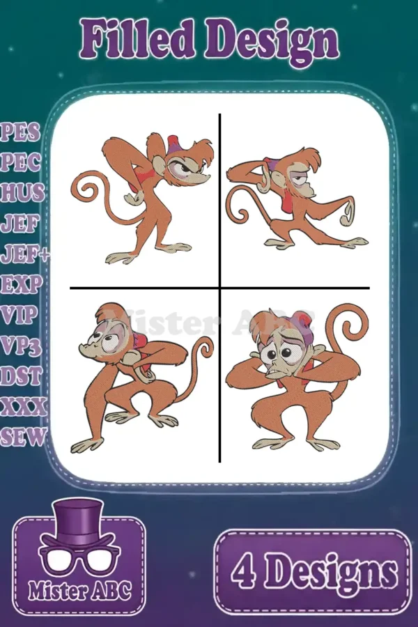 Four vibrant, filled embroidery designs of Abu from Disney's Aladdin in various lively poses, showcasing diverse expressions.