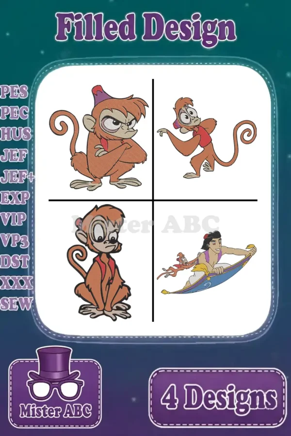 Main product image displaying four filled embroidery designs: three distinct poses of Abu the monkey and one of Aladdin and Abu on a magic carpet.