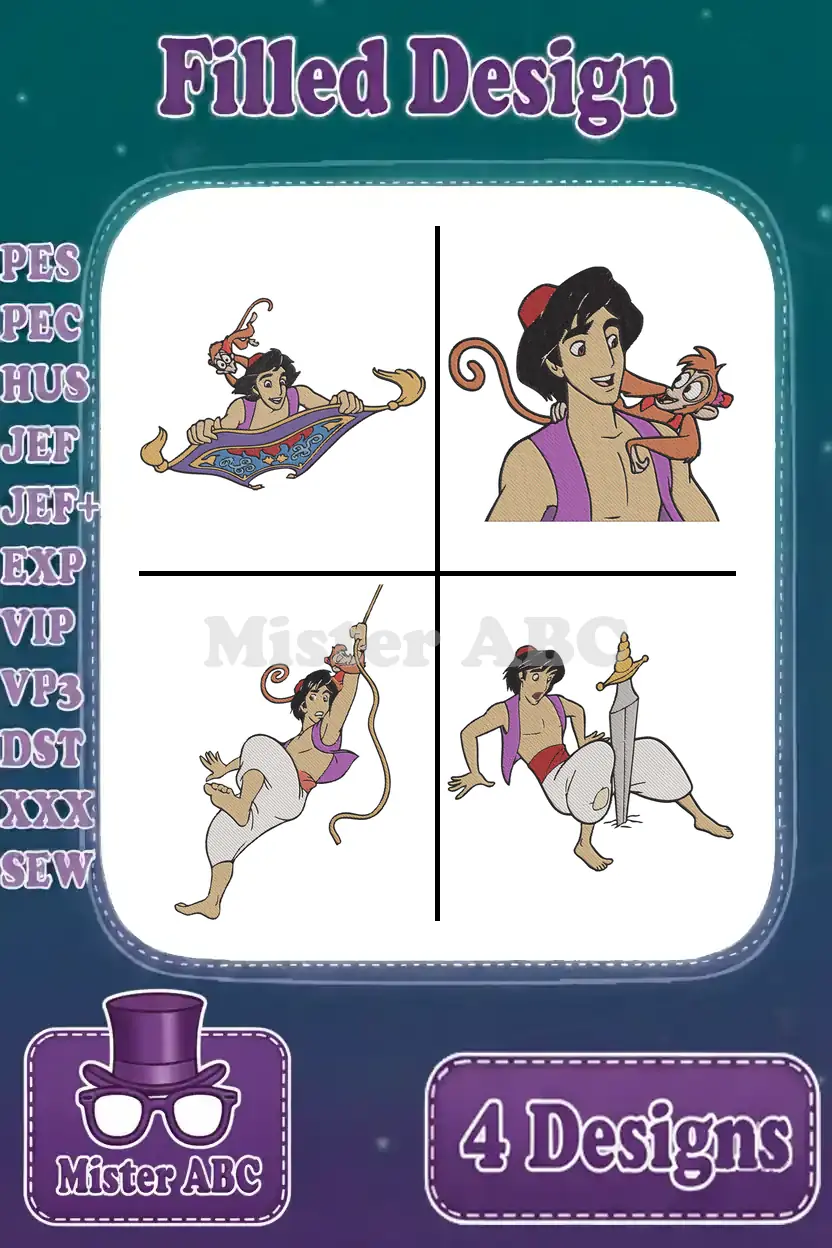 A vibrant display of four filled embroidery designs featuring Aladdin and Abu in distinct action poses on a magical carpet background.