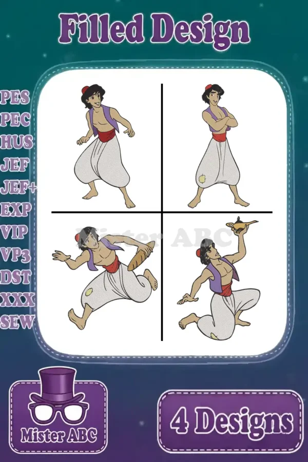Four vibrant filled embroidery designs of Aladdin in various poses, showcasing a versatile bundle for fans.