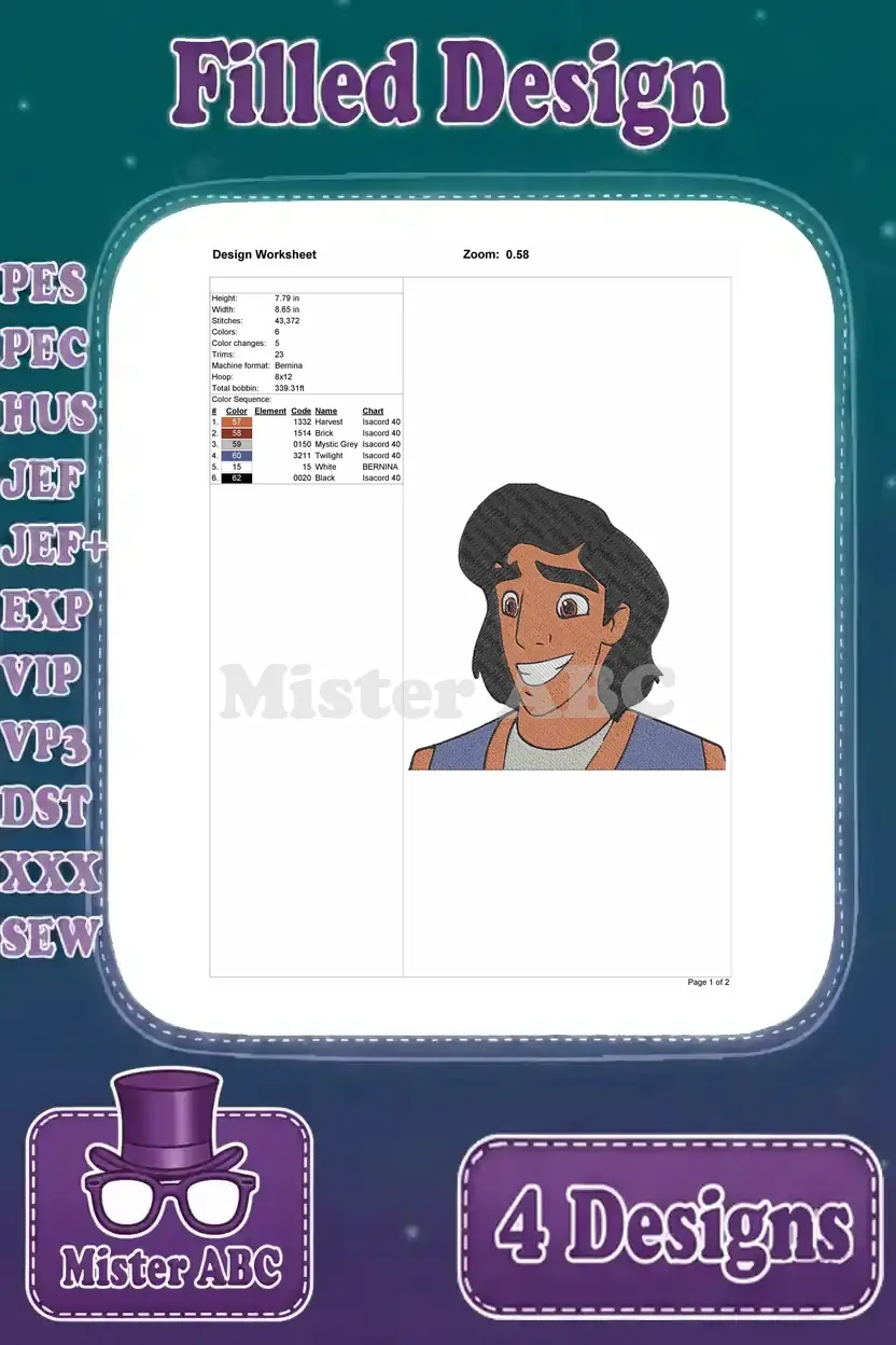 Embroidery design worksheet for the smiling Aladdin close-up, detailing dimensions, stitch count, and color sequence for accuracy.