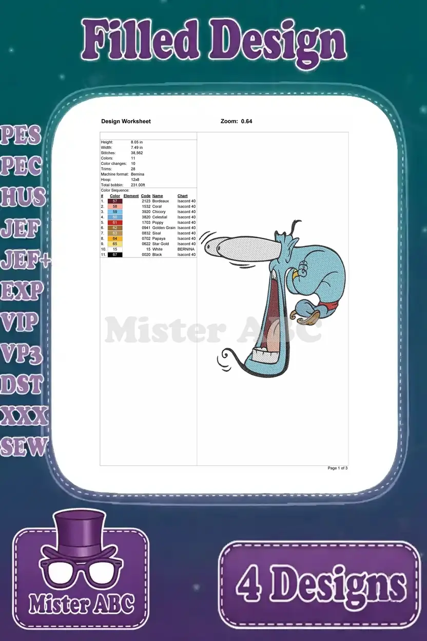 Embroidery design worksheet for the expressive Genie, detailing dimensions, stitch count, and color sequence for accurate stitching.