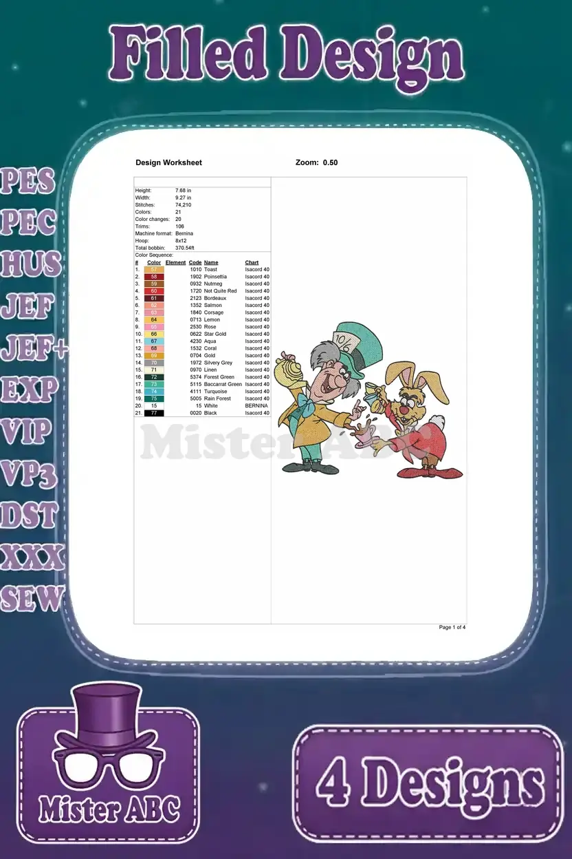 Detailed design worksheet for the Mad Hatter and March Hare interaction embroidery, detailing stitch count and colors.