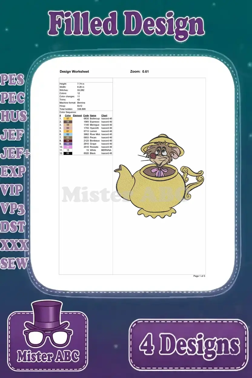A design worksheet for the 'Dormouse in a teapot' embroidery, detailing stitches, colors, and hoop size.