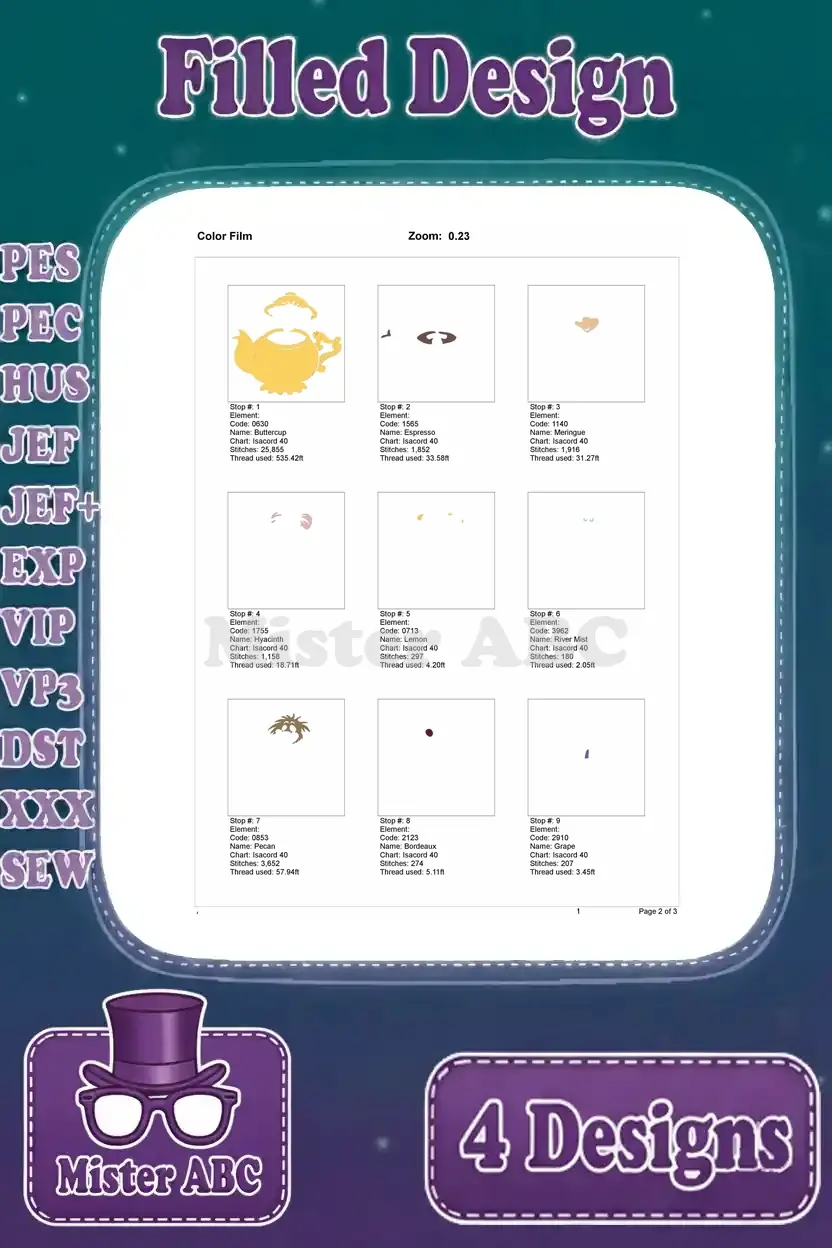 Color film page 1 for the 'Dormouse in a teapot' filled embroidery design, showing initial steps.