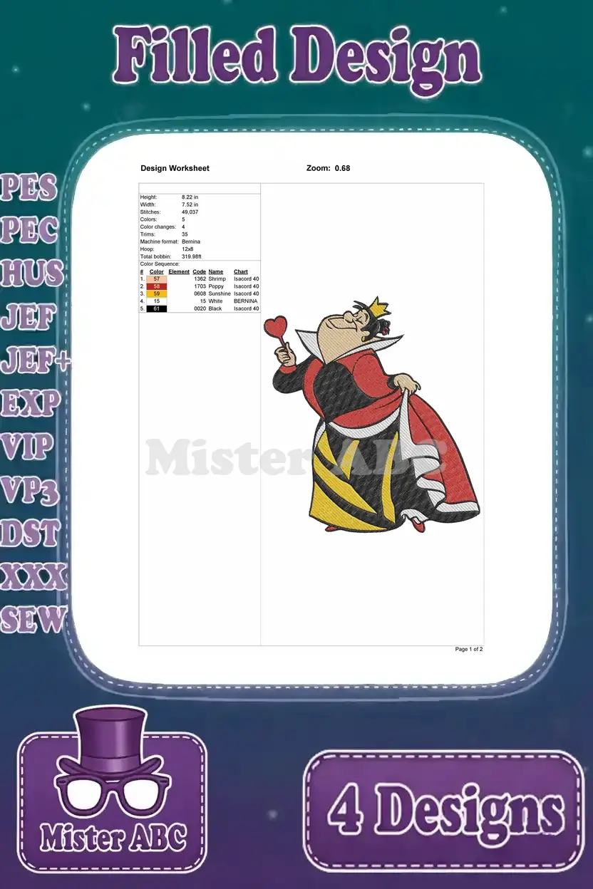 Detailed design worksheet for the Queen of Hearts embroidery, holding a heart scepter, showing size, stitch count, and color sequence.
