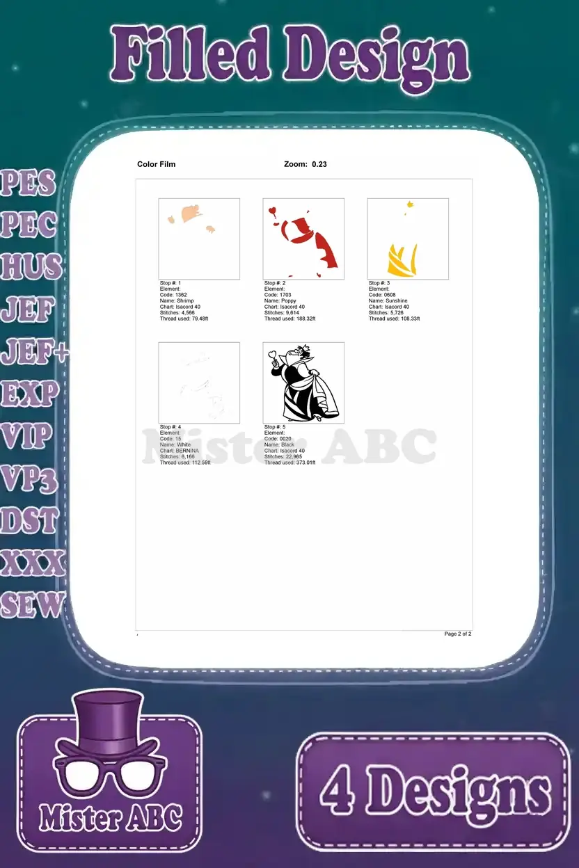 Color film sequence for the Queen of Hearts embroidery design with a heart scepter, showing the order of stitch application.