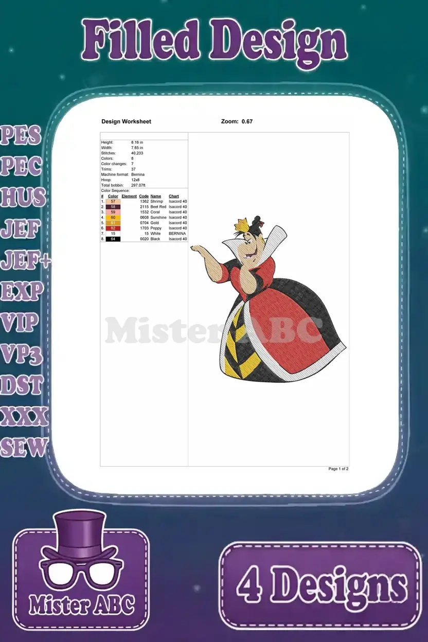 Design worksheet for the second Queen of Hearts embroidery, gesturing with her hand up, detailing stitch information and colors.