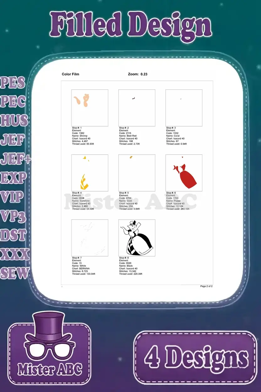 Color film sequence for the Queen of Hearts embroidery design with hand up, breaking down the stitching order layer by layer.