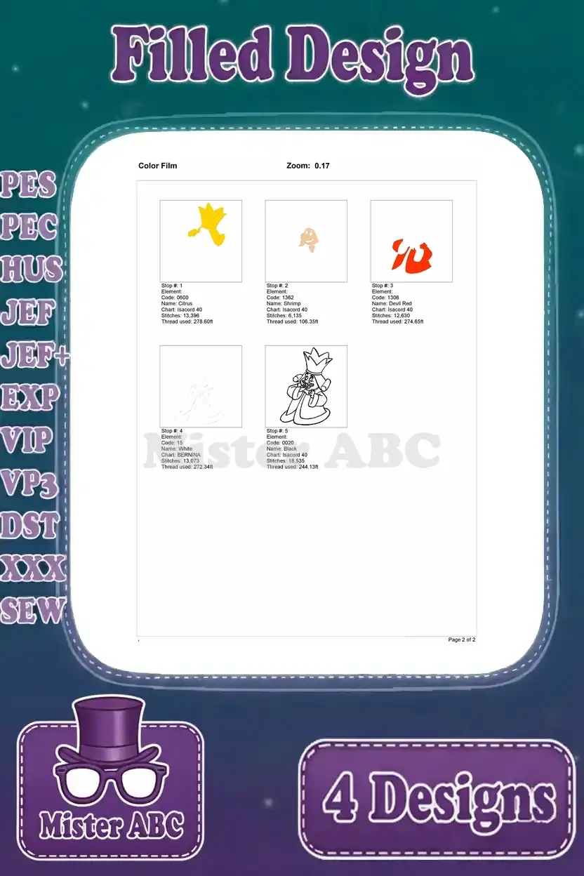 Color film sequence for the King embroidery design, detailing the precise order of thread colors and stitch application steps.