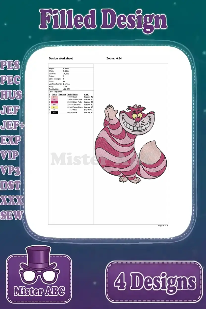 Detailed design worksheet for the first Cheshire Cat filled embroidery, showing size, stitches, and color sequence.