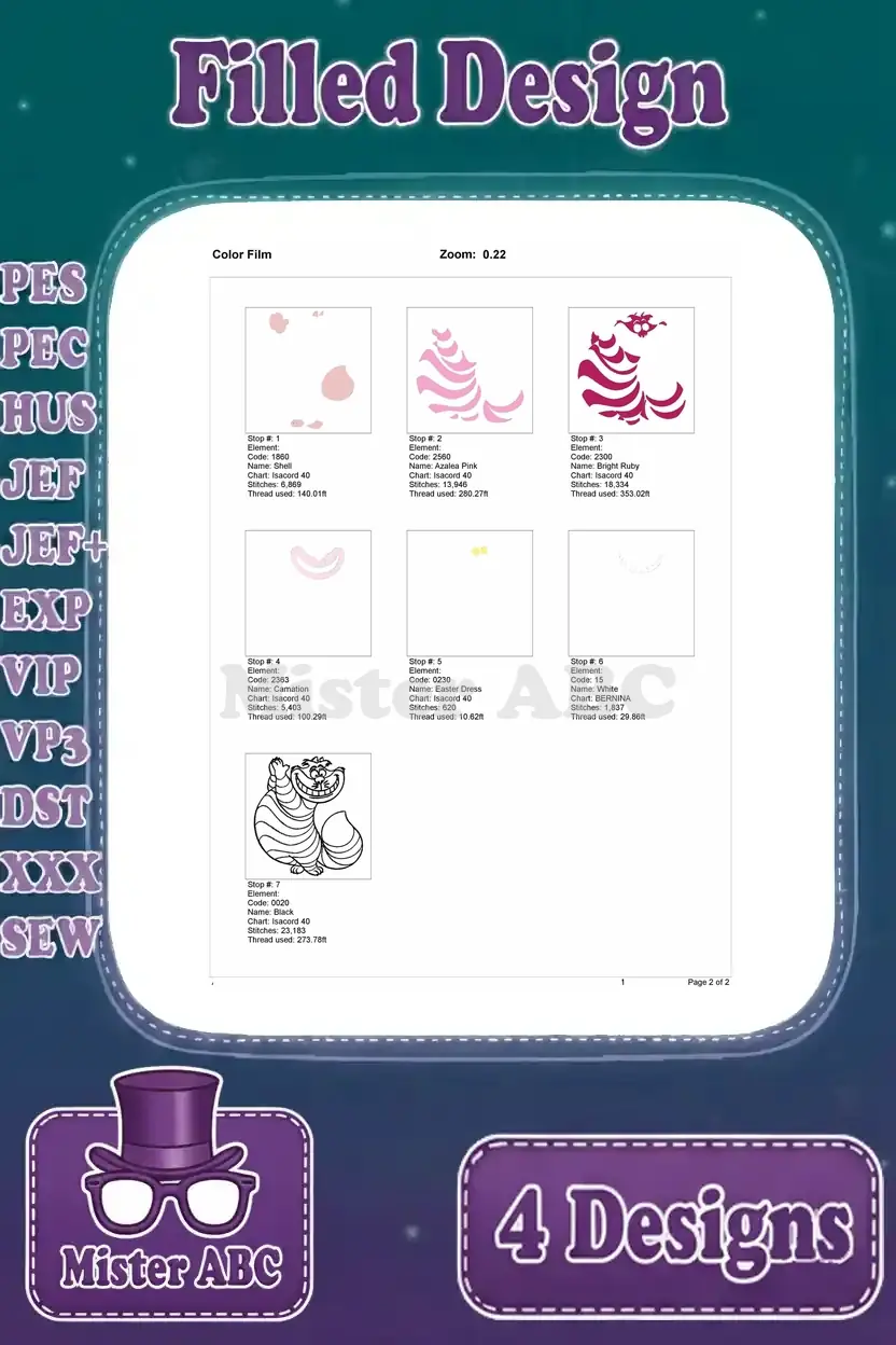Color film sequence for the first Cheshire Cat embroidery, detailing each stitch stop and thread application.