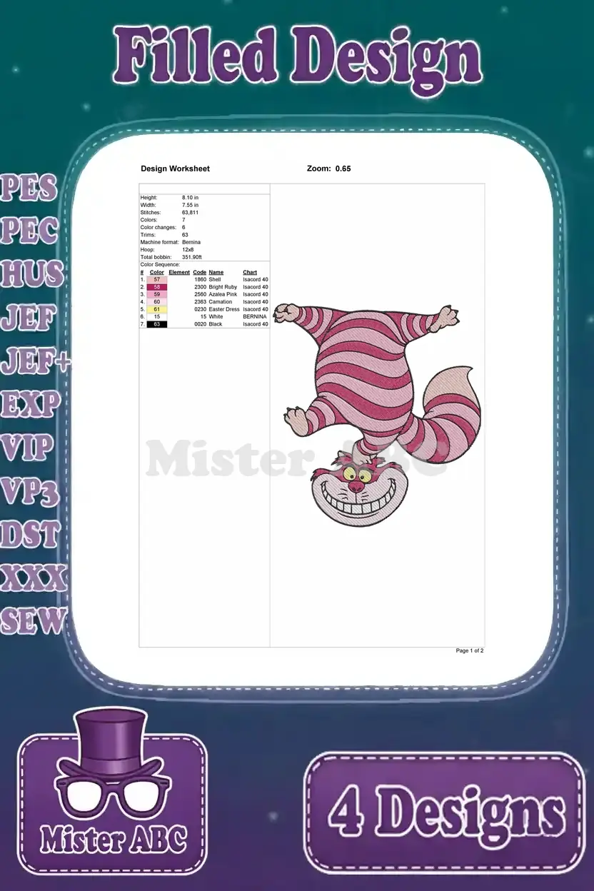 Detailed design worksheet for the second Cheshire Cat filled embroidery, showing size, stitches, and color sequence.