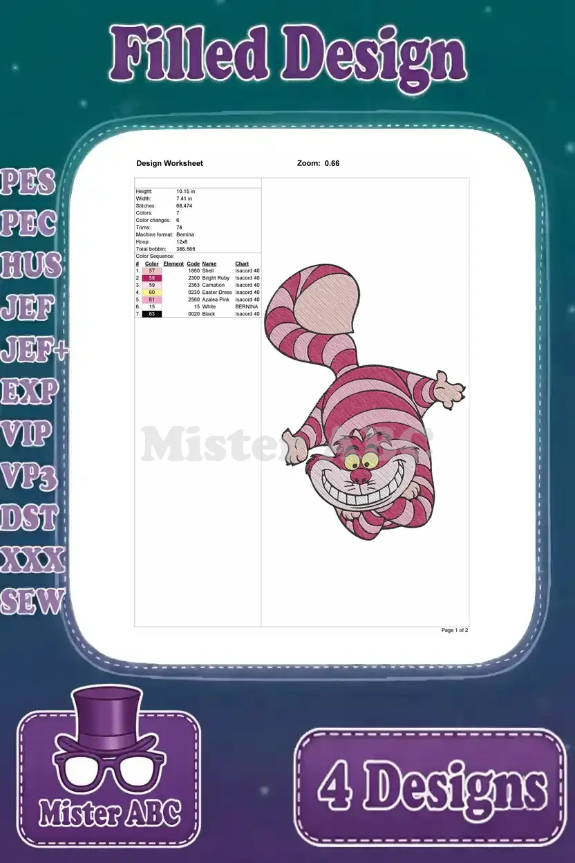 Detailed design worksheet for the third Cheshire Cat filled embroidery, showing size, stitches, and color sequence.