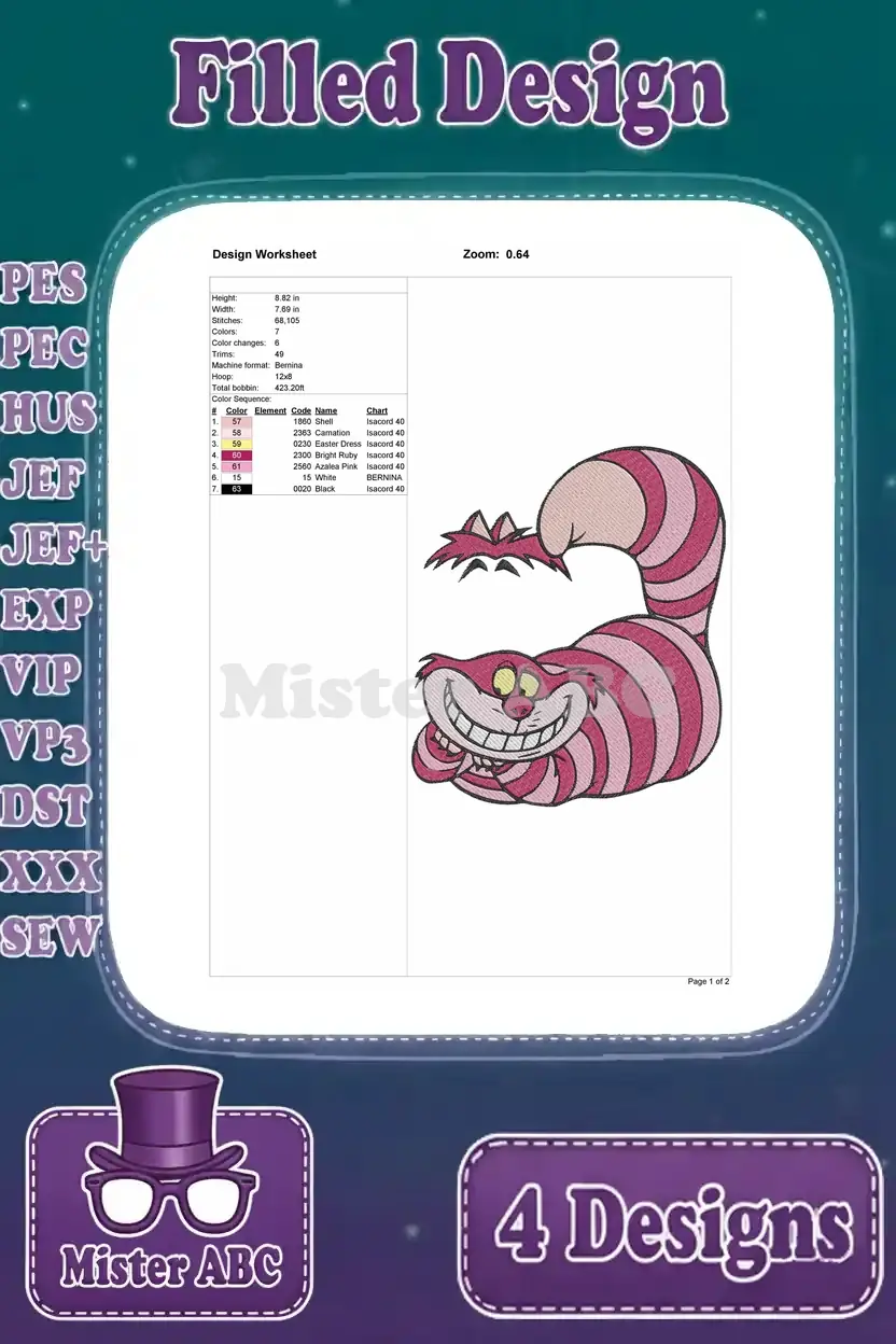 Detailed design worksheet for the fourth Cheshire Cat filled embroidery, showing size, stitches, and color sequence.