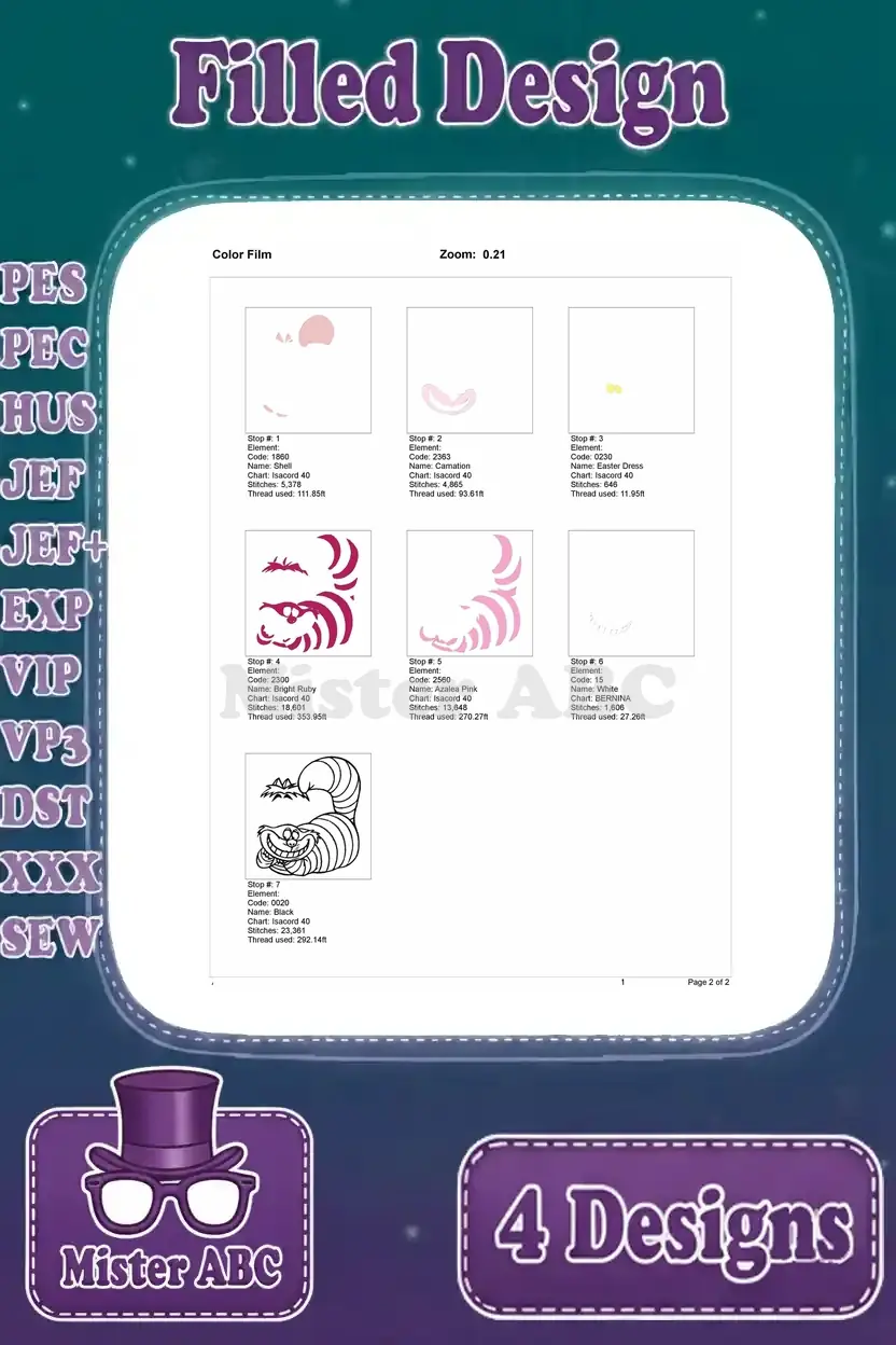 Color film sequence for the fourth Cheshire Cat embroidery, detailing each stitch stop and thread application.