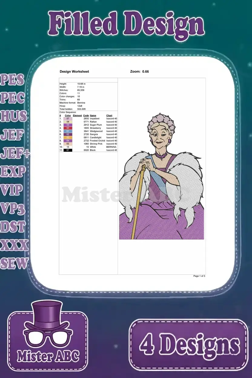 Detailed design worksheet for the Madame Medusa embroidery, showing design height, stitch count, and thread colors.
