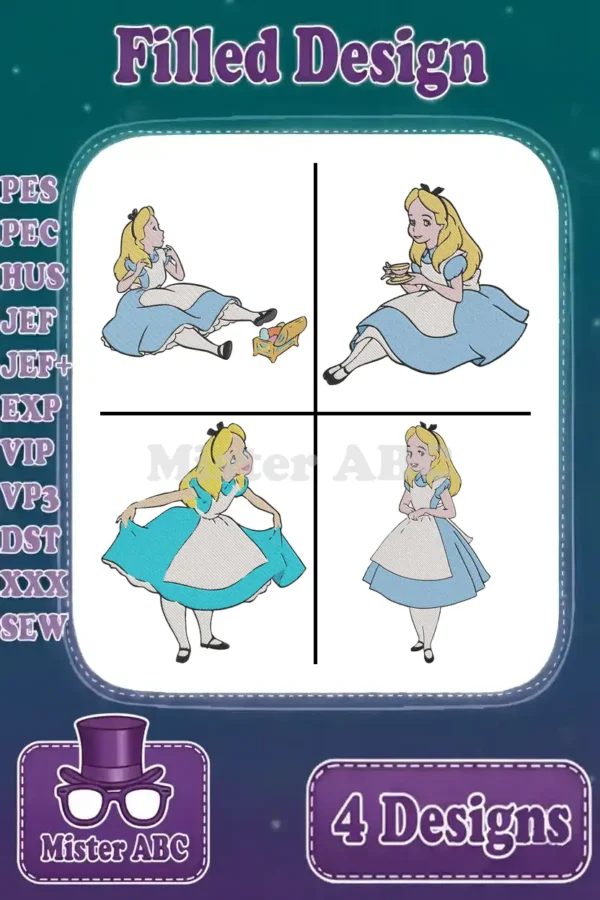 Four enchanting Alice in Wonderland filled embroidery designs, showcasing diverse poses and compatible file formats.