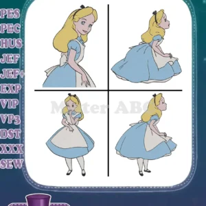 A vibrant collage showcasing four distinct filled embroidery designs of Alice from Wonderland in various charming poses.