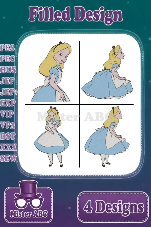 A vibrant collage showcasing four distinct filled embroidery designs of Alice from Wonderland in various charming poses.