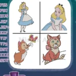 Alice In Wonderland Alice With Cat Dinah And Butterfly Various Character Poses - Filled Embroidery Design - Instant Download