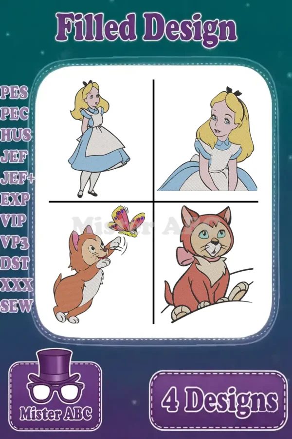 A vibrant display of four filled embroidery designs: Alice standing, Alice close-up, and two poses of Dinah.