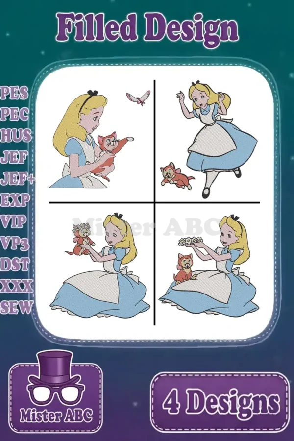 A collage of four Alice in Wonderland filled embroidery designs featuring Alice with Cheshire Cat and other elements.