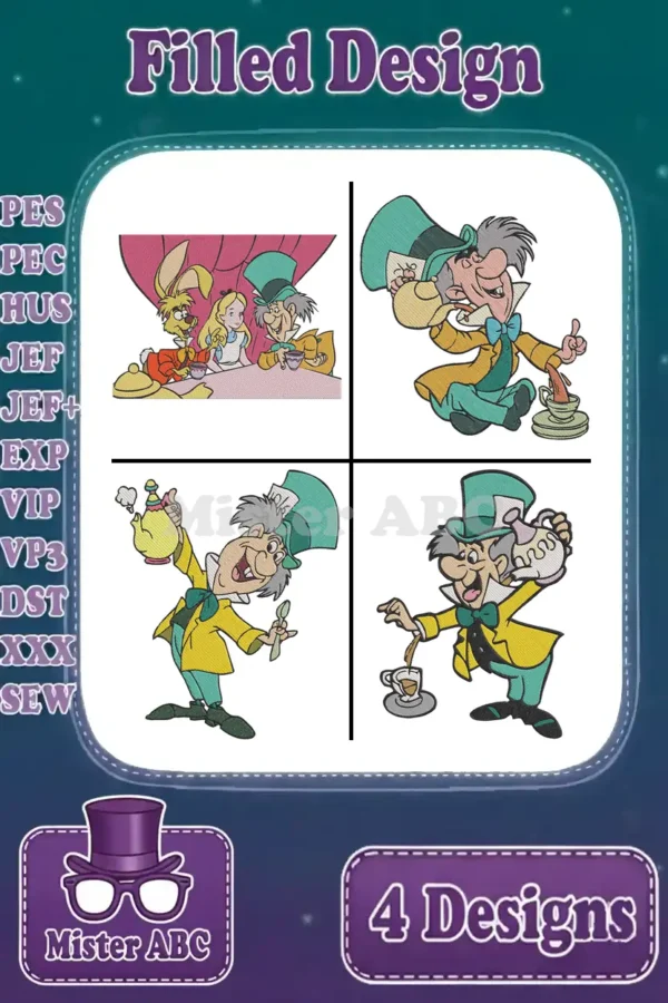 A vibrant main image featuring four filled embroidery designs of the Mad Hatter and Alice in Wonderland characters.