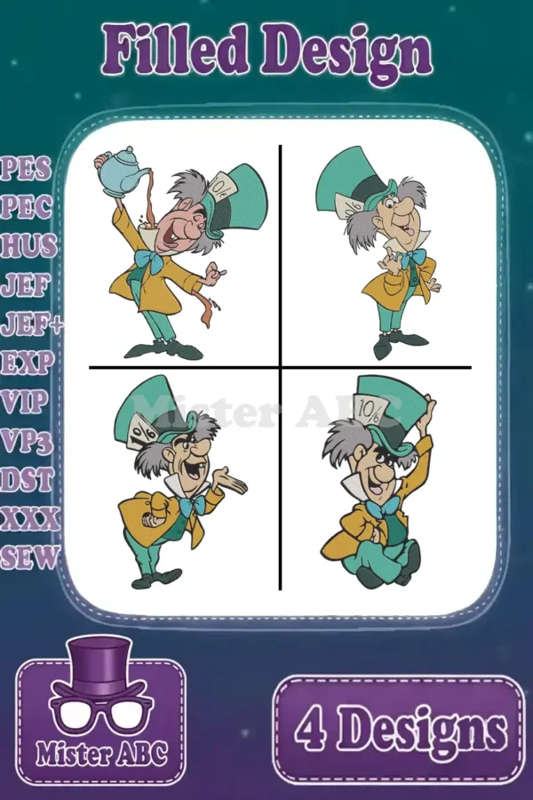 Four distinct filled embroidery designs of the Mad Hatter in various playful poses, showcasing vibrant colors and detailed stitching for crafters.