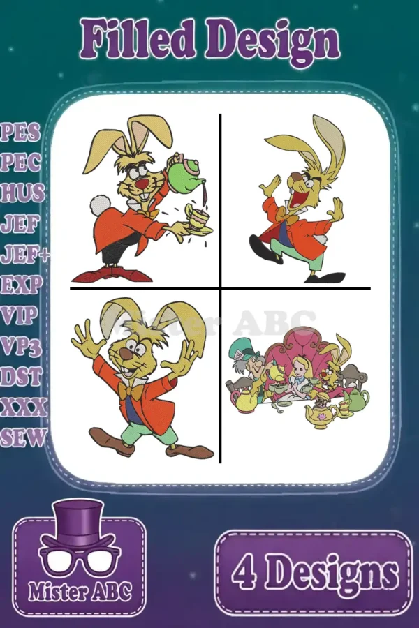 Main product image showing a bundle of four filled embroidery designs featuring March Hare and a tea party scene from Alice in Wonderland, detailing supported machine formats.