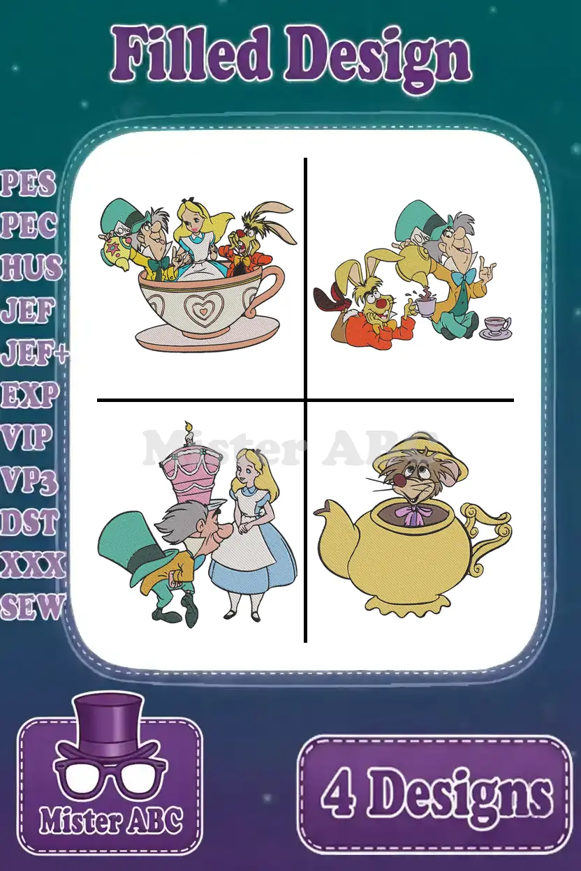 A vibrant main image displaying four distinct filled embroidery designs from Alice in Wonderland, ready for digital crafting.