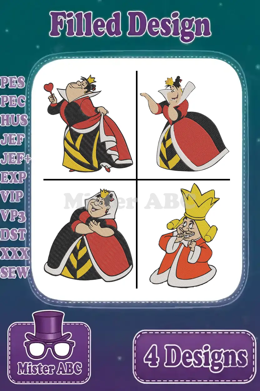 A vibrant collection of four filled embroidery designs, showcasing the iconic Queen of Hearts and a King from Wonderland in various poses.