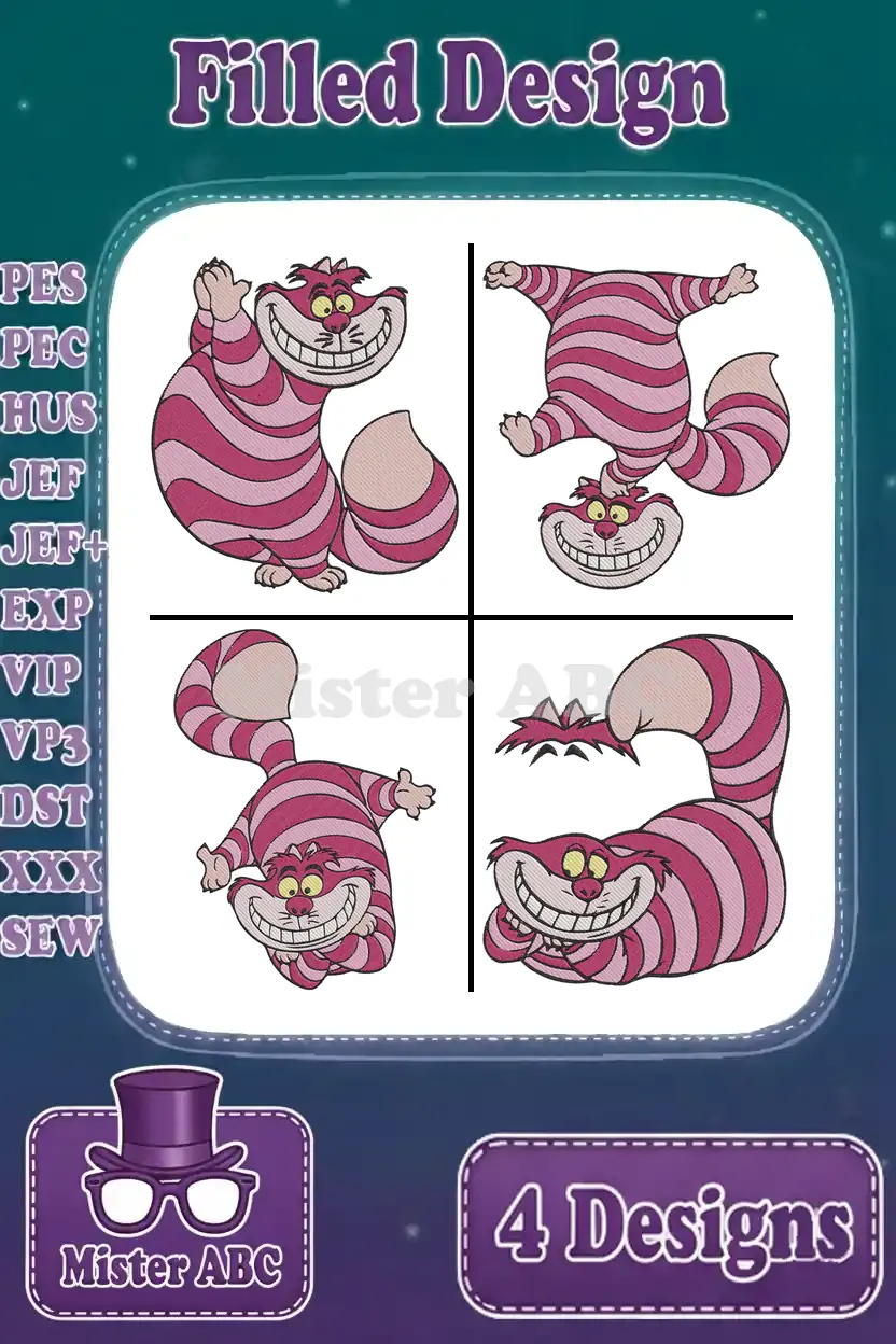 Four vibrant Cheshire Cat filled embroidery designs in various playful poses, showcasing multiple machine formats.