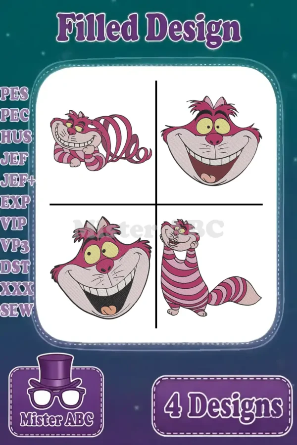 Four distinct filled embroidery designs featuring the iconic Cheshire Cat in various playful poses and expressions.